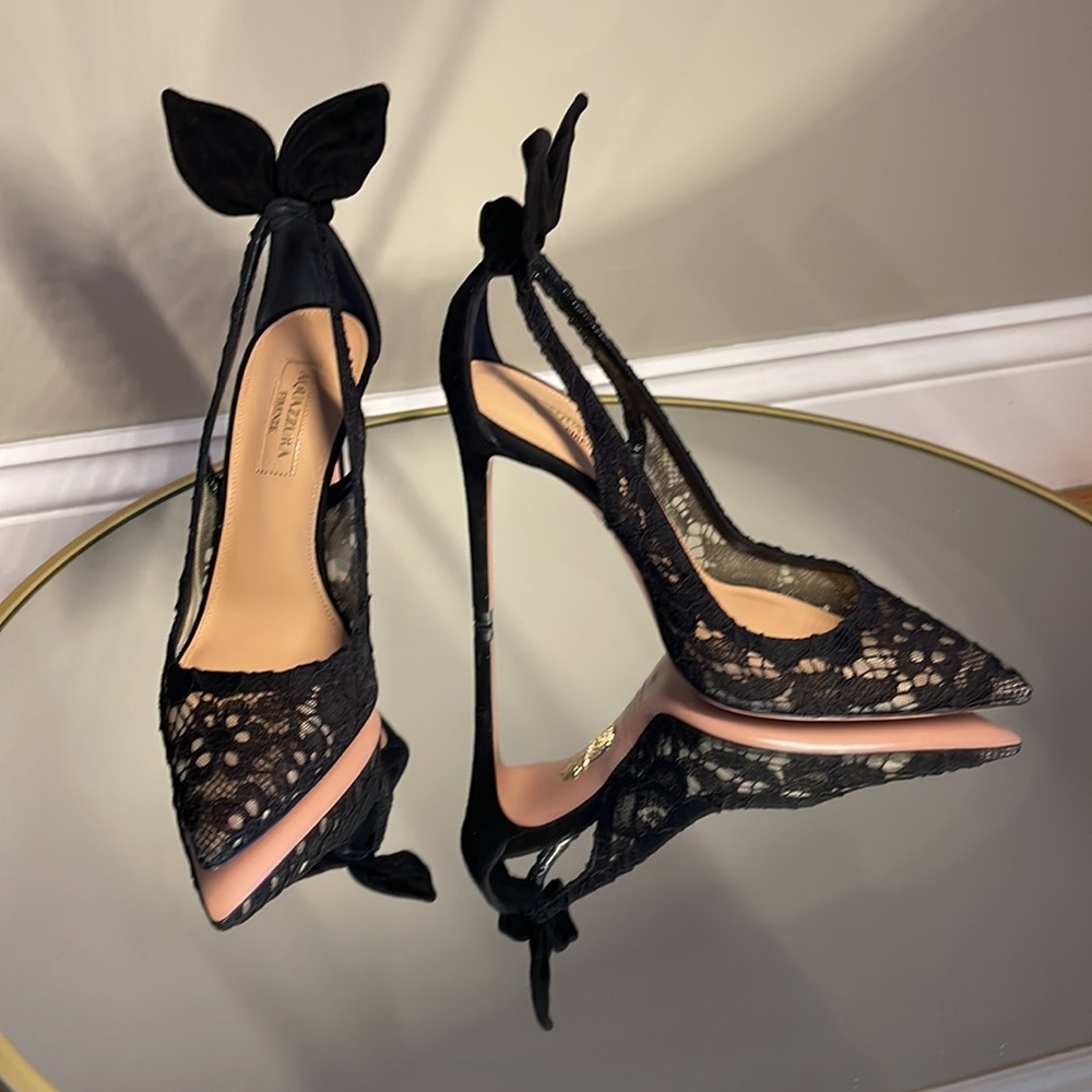 Aquazzura Deneuve 105 Bow Tie lace suede pump sz 36 - Picture 8 of 15